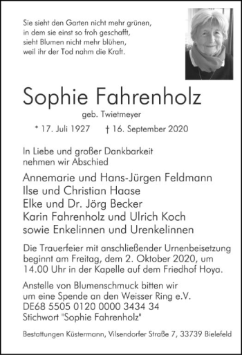 Traueranzeige von Sophie Fahrenholz von SYK