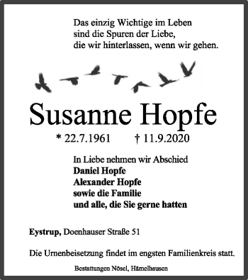 Traueranzeige von Susanne Hopfe von SYK