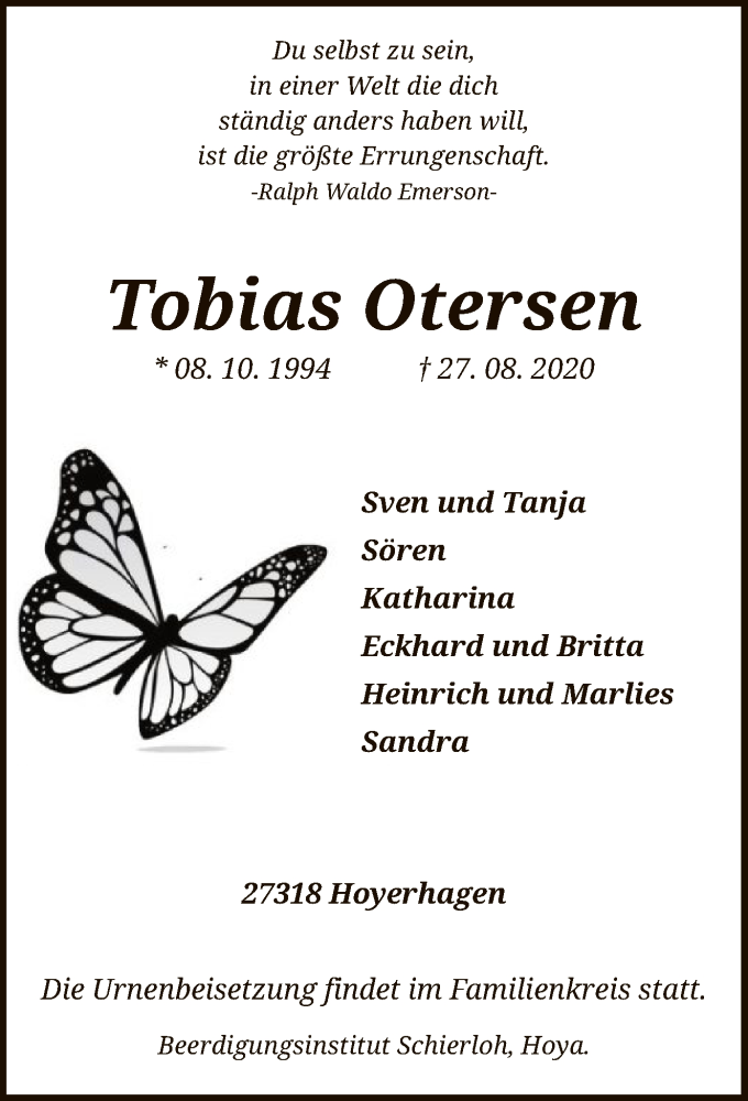  Traueranzeige für Tobias Otersen vom 05.09.2020 aus SYK