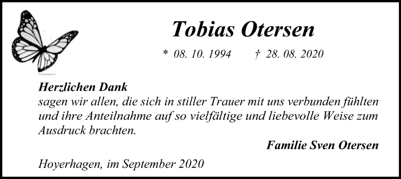  Traueranzeige für Tobias Otersen vom 26.09.2020 aus SYK