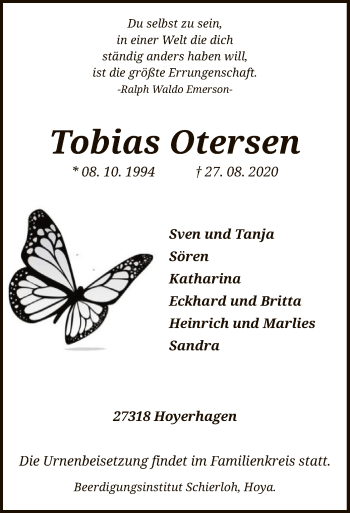 Traueranzeige von Tobias Otersen von SYK