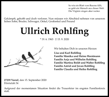 Traueranzeige von Ullrich Rohlfing von SYK