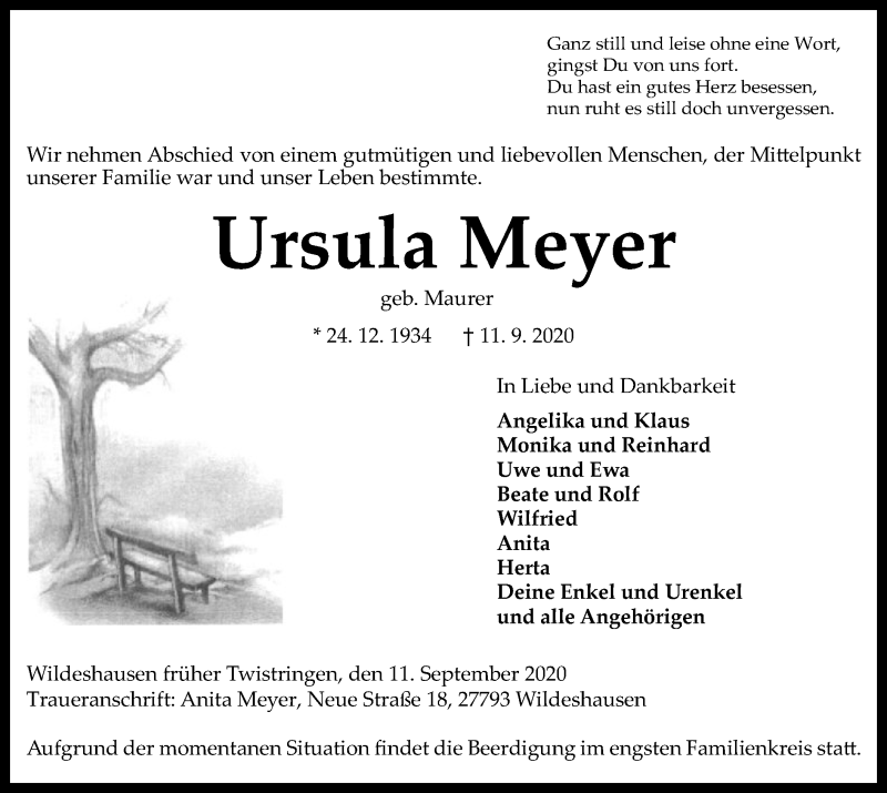  Traueranzeige für Ursula Meyer vom 15.09.2020 aus SYK