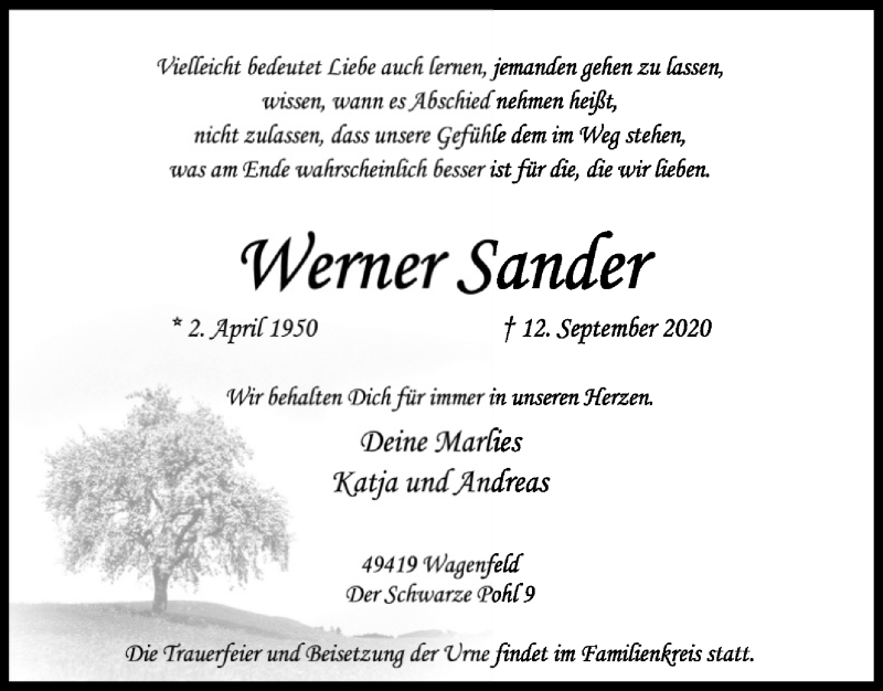  Traueranzeige für Werner Sander vom 15.09.2020 aus SYK