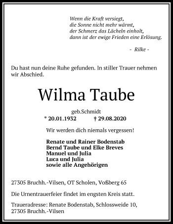 Traueranzeige von Wilma Taube von SYK