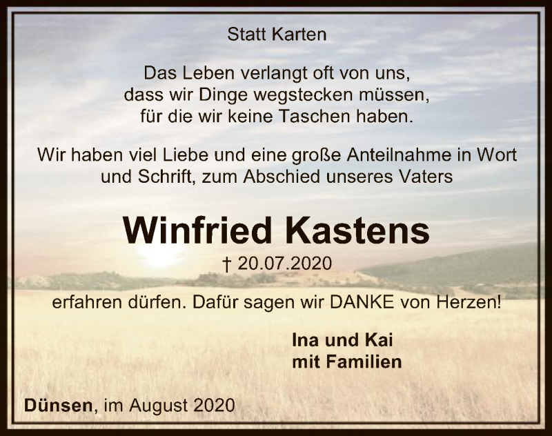  Traueranzeige für Winfried Kastens vom 02.09.2020 aus SYK