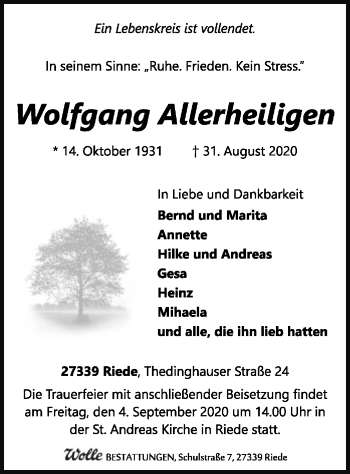 Traueranzeige von Wolfgang Allerheiligen von SYK