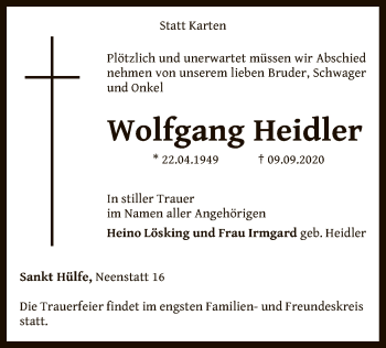 Traueranzeige von Wolfgang Heidler von SYK