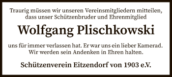 Traueranzeige von Wolfgang Plischkowski von SYK