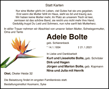 Traueranzeige von Adele Bolte von SYK