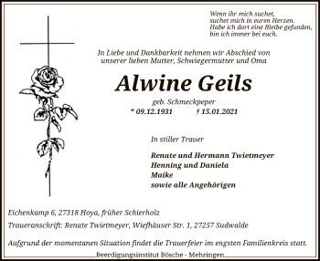 Traueranzeige von Alwine Geils von SYK