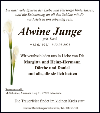 Traueranzeige von Alwine Junge von SYK