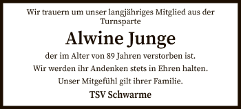 Traueranzeige von Alwine Junge von SYK