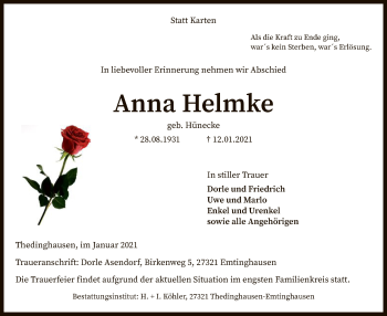 Traueranzeige von Anna Helmke von SYK