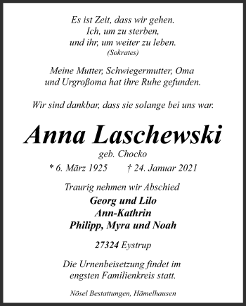 Traueranzeige von Anna Laschewski von SYK