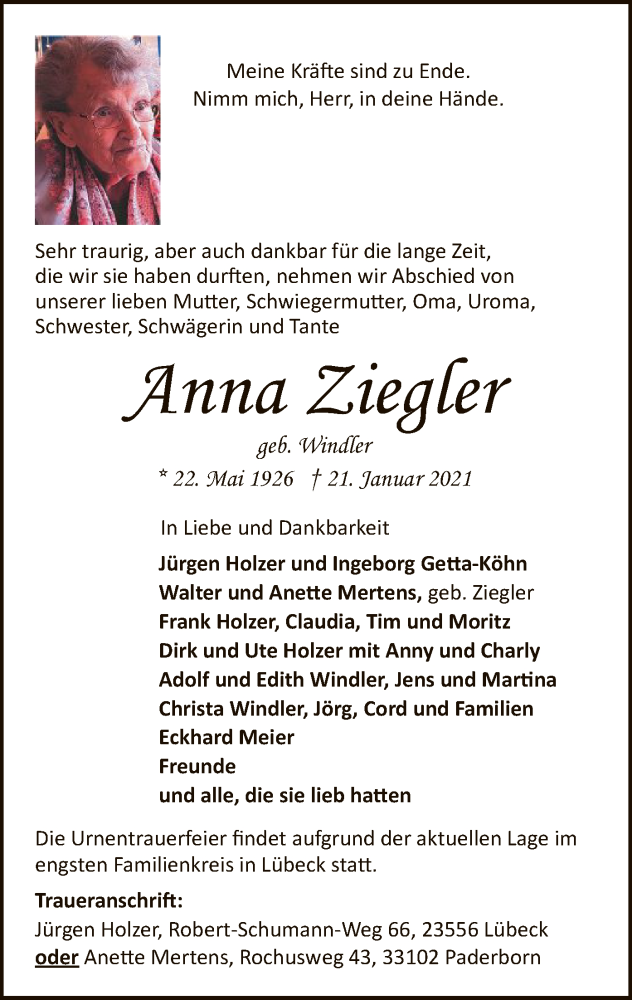  Traueranzeige für Anna Ziegler vom 30.01.2021 aus SYK