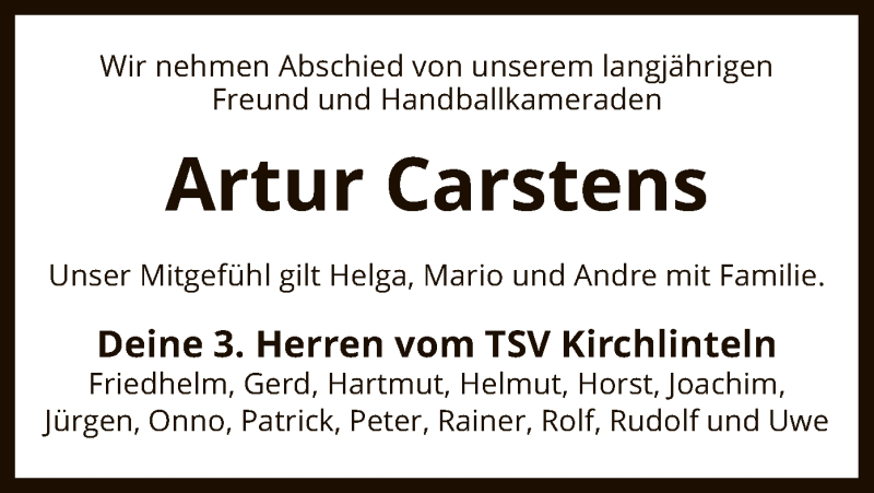  Traueranzeige für Artur Carstens vom 08.01.2021 aus SYK