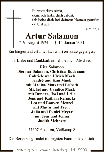 Traueranzeige von Artur Salamon von SYK