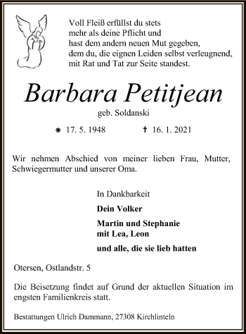 Traueranzeige von Barbara Petitjean von SYK