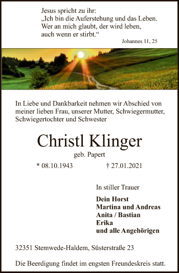 Traueranzeige von Christl Klinger von SYK