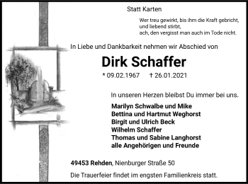 Traueranzeige von Dirk Schaffer von SYK