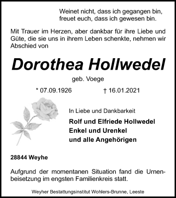 Traueranzeige von Dorothea Hollwedel von SYK