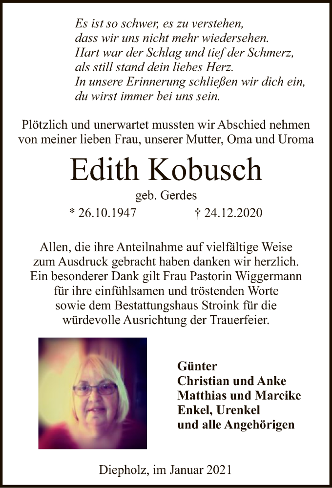  Traueranzeige für Edith Kobusch vom 16.01.2021 aus SYK