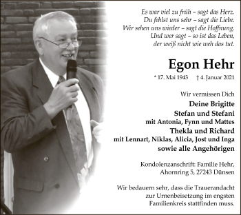 Traueranzeige von Egon Hehr von SYK