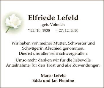 Traueranzeige von Elfriede Lefeld von SYK