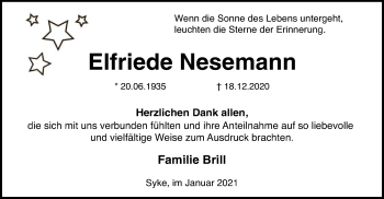 Traueranzeige von Elfriede Nesemann von SYK