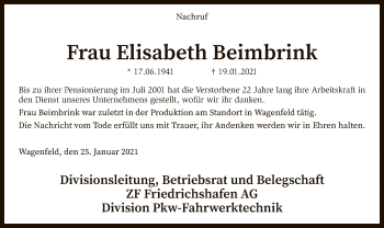 Traueranzeige von Elisabeth Beimbrink von SYK