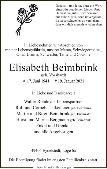 Traueranzeige von Elisabeth Beimbrink von SYK