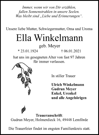 Traueranzeige von Ella Winkelmann von SYK