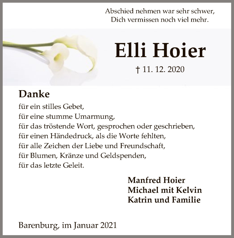  Traueranzeige für Elli Hoier vom 14.01.2021 aus SYK