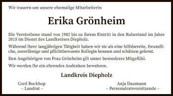 Traueranzeige von Erika Grönheim von SYK