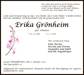 Traueranzeige von Erika Grönheim von SYK