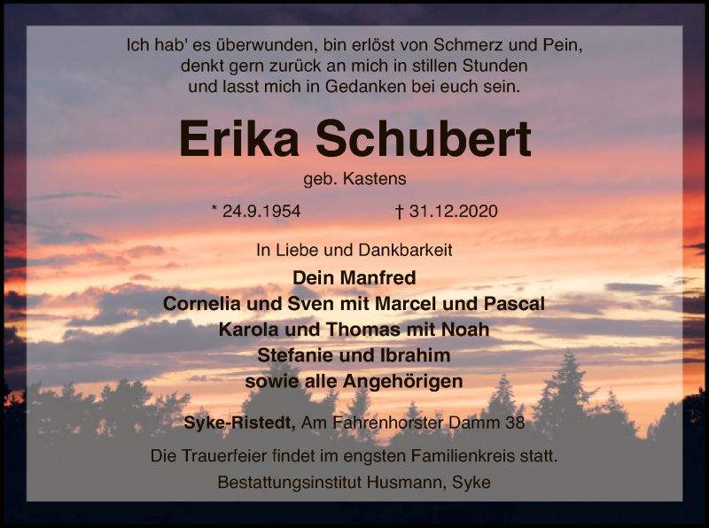  Traueranzeige für Erika Schubert vom 09.01.2021 aus SYK