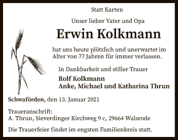 Traueranzeige von Erwin Kolkmann von SYK