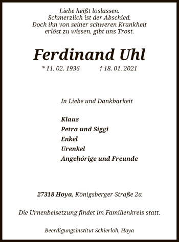 Traueranzeige von Ferdinand Uhl von SYK