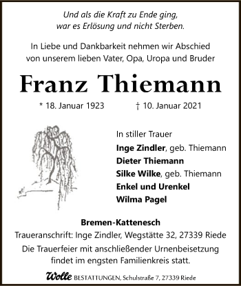 Traueranzeige von Franz Thiemann von SYK