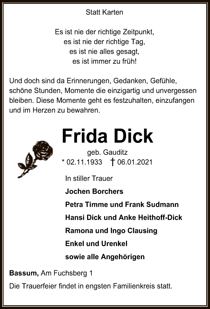  Traueranzeige für Frida Dick vom 09.01.2021 aus SYK