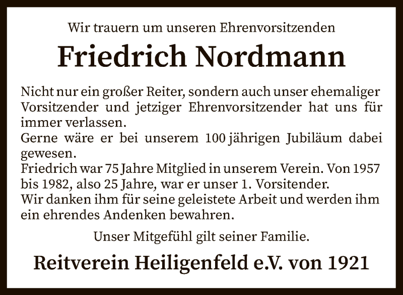  Traueranzeige für Friedrich Nordmann vom 30.01.2021 aus SYK