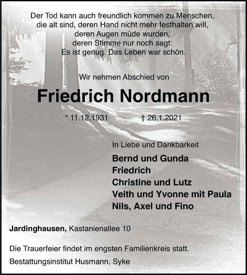  Traueranzeige für Friedrich Nordmann vom 29.01.2021 aus SYK