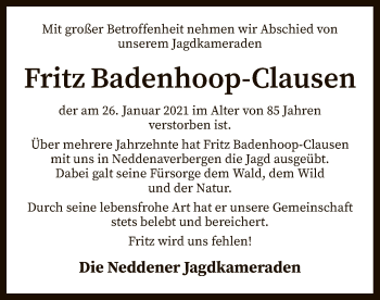 Traueranzeige von Fritz Badenhoop-Clausen von SYK