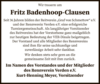 Traueranzeige von Fritz Badenhoop-Clausen von SYK