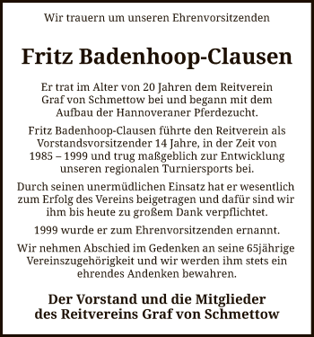 Traueranzeige von Fritz Badenhoop-Clausen von SYK