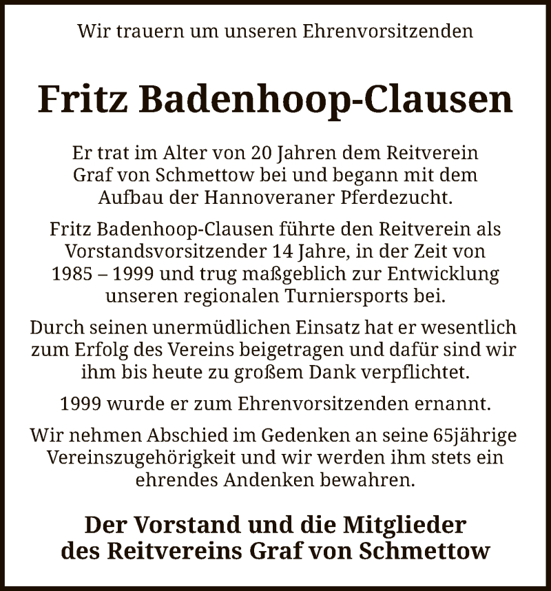  Traueranzeige für Fritz Badenhoop-Clausen vom 30.01.2021 aus SYK