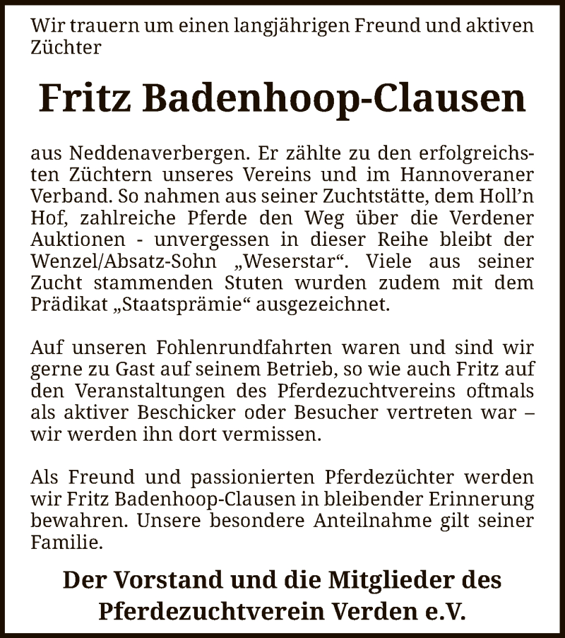  Traueranzeige für Fritz Badenhoop-Clausen vom 30.01.2021 aus SYK