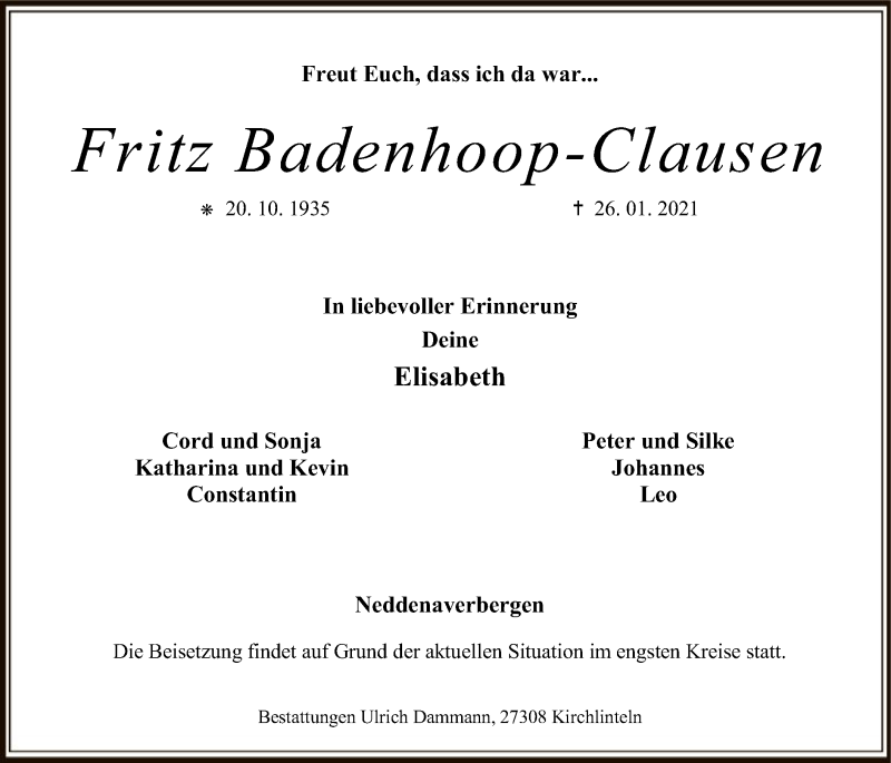  Traueranzeige für Fritz Badenhoop-Clausen vom 30.01.2021 aus SYK