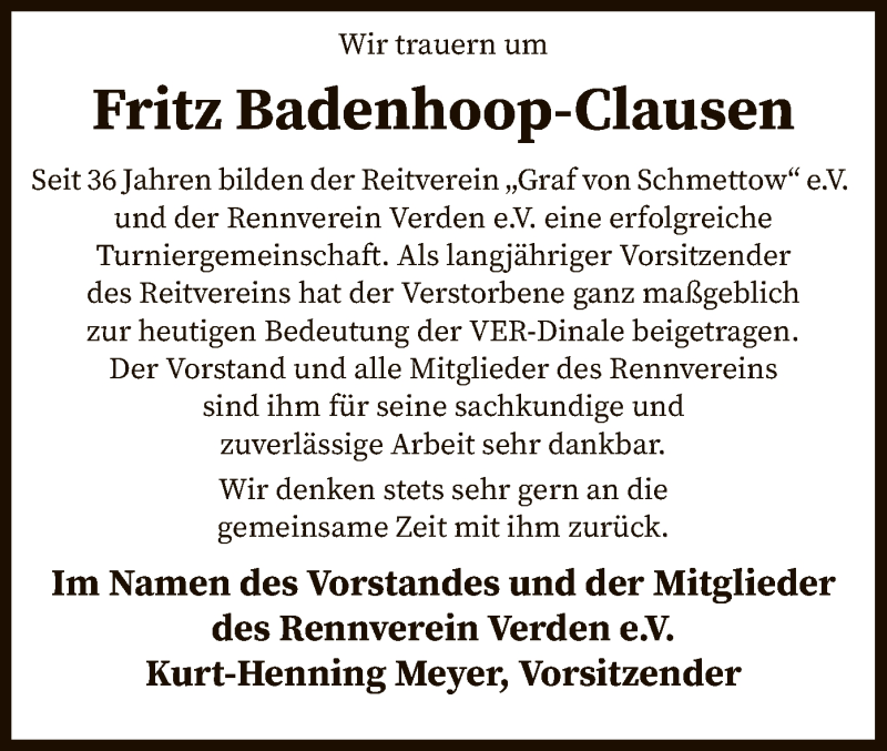  Traueranzeige für Fritz Badenhoop-Clausen vom 30.01.2021 aus SYK